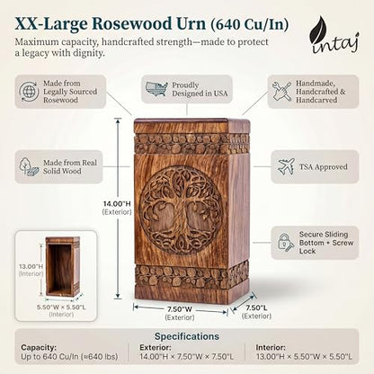 Wooden Cremation Urn for Human Ashes, 640 Cu in, XX-Large, Rosewood | Hand-carved solid sheesham rosewood, screw-locked sliding base, engraving available, holds two adults, to 640 lb combined - color: Rosewood, size: XL - 14Hx7.5W (640 Cu/In)