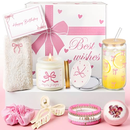 Birthday Gifts for Teen Girl & Women, Pink Bow Trendy Birthdays Gifts Box with Scented Candles, Greeting Card & Cute Accessories, Birthday Presents for Her, Best Friend, Sister, Daughters - color: Pink Bow
