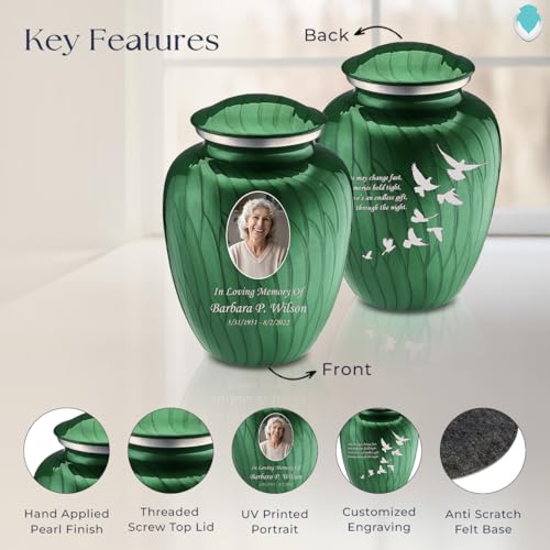 Geturns Embrace Adult Personalized Doves Cremation Urns for Human Ashes I Large Picture Pearl Green Funeral Urn for Adult Men and Women with Double Side Engraving I 200 lbs - color: _Pearl Green (Double Sided)