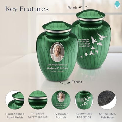Geturns Embrace Adult Personalized Doves Cremation Urns for Human Ashes I Large Picture Pearl Green Funeral Urn for Adult Men and Women with Double Side Engraving I 200 lbs - color: _Pearl Green (Double Sided)