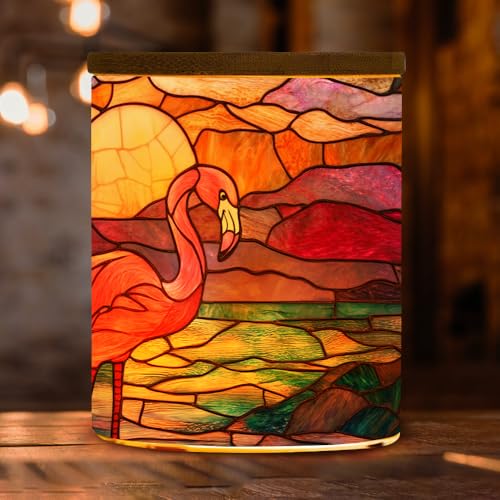 Stained Glass Flamingo Tea Light Candle Holder with Bamboo Lid, Natural Scenery Decorations Light Glass Tealight Holder, LED Candle Tealight Jar for Birthday,Wedding,Home Decor - color: Flamingo