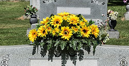 Sympathy Silks Artificial Cemetery Flowers - Grave Flowers for Cemetery - Yellow Sunflower Saddle for Headstone - size: 1 Saddle