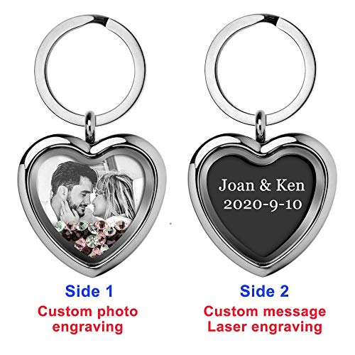 Custom Photo Text Engraved Heart Floating Living Locket Crystal Pendant Keychain - color: Pink - 1 Photo Engraving+ 1 Message Engraving