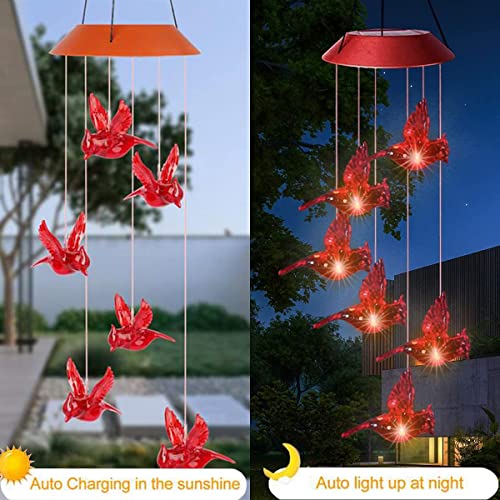 Solar Cardinal Wind Chimes Lights for Outside Garden Patio Decor | Red Bird Hanging Windchimes for Home/ Outdoors, Memorial Gifts Gifts for Mother Mom Grandma Women Birthday Christmas