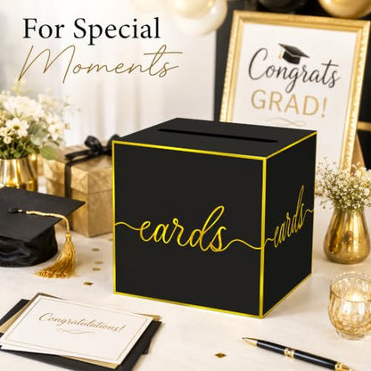 Black and Gold Foil Card Box for Birthday Parties, Graduation and Wedding | Collect Cards and Envelopes in One Place with an 8.7 Inch Cube, Wide Top Slot and Black Gold Foil Design - color: Black Gold