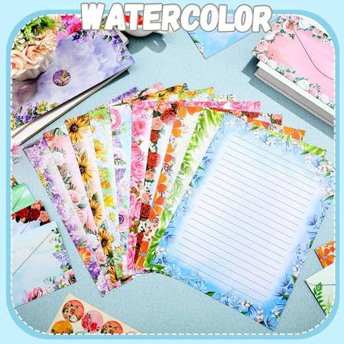 TaoBary 160 Pcs Flower Stationery Paper and Envelopes Set 50 Double Sided Lined Stationery Paper with 50 Matching Envelopes and 60 Round Dot Sticker 8.5 x 11'' Letter Writing Kit, 10design - size: 8.5 x 11 Inch, style: Flower