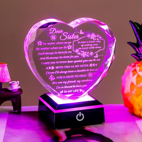 YWHL Sister Birthday Gifts from Sister Brother to My Sisters Crystal Heart Keepsake with Colorful Light Base Soul Sister Gifts for Women for Christmas Mother's Day - color: Sister Gifts