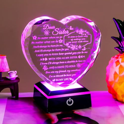 YWHL Sister Birthday Gifts from Sister Brother to My Sisters Crystal Heart Keepsake with Colorful Light Base Soul Sister Gifts for Women for Christmas Mother's Day - color: Sister Gifts