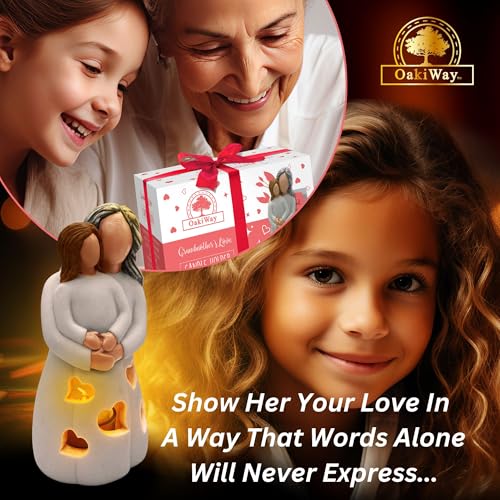 Hand-Painted Grandma-Granddaughter Candle Holder Statue Gift, with Flickering LED Candle | Gigi Grandmother Birthday Gift, Unique Nana Present Ideas for Christmas, Greeting Card Included - color: Grandma & Granddaughter (Light Brown)