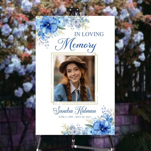 Personalized Photo Funeral Sign - Celebration Of Life Ideas - In Loving Memory Sign - Celebration Of Life Banner - Large Funeral Sign - Funeral Program - Blue Flower Funeral Welcome Sign - Celebration Of Life Poster - Memory Signs For Funeral - color: Mul