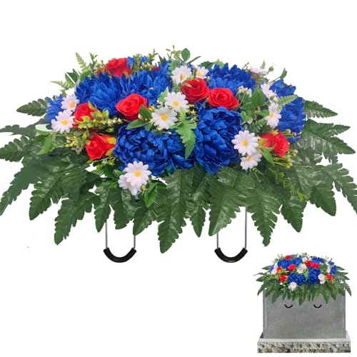 Headstone Flowers – Artificial Cemetery Flowers for Grave, Artificial Blue Roses and Chrysanthemums Mixed - Easy to Install Cemetery Flowers for Grave Saddle - color: Blue+red