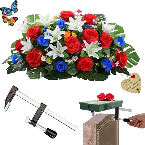 Grave Memorial Flowers,Headstone Flower Saddle,Artificial Cemetery Decor | Gravestone Saddles, Tombstone Flowers Saddle, Mother's Day, Memorial Day, Christmas, Gravesite Saddles, Never Be Blown Away - color: Blue