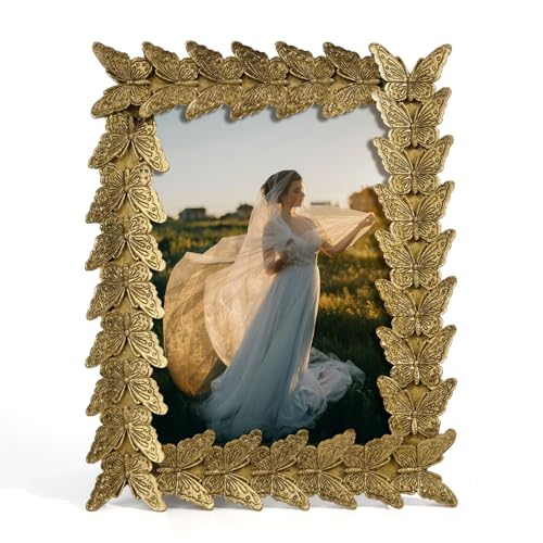 Antique Gold Picture Frame for 5x7 Nature Prints Wedding Photos | Funky Butterfly Decorative Frame with Real Glass and Stand for Table Wall,Retro Golden Frames for Home Shop Hotel Library - color: Butterfly, size: 5x7"