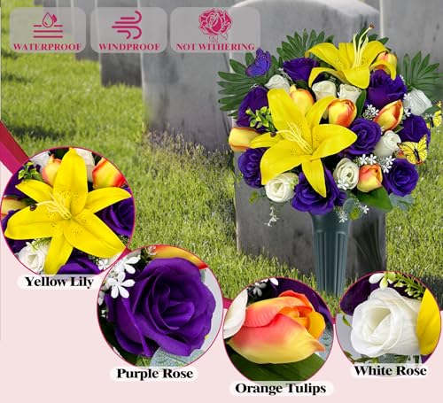 MUVIC Artificial Cemetery Flowers - Memorial Flowers - Outdoor Sympathy Grave Flower Decorations for Mothers Day,Fathers Day,Lily/Rose