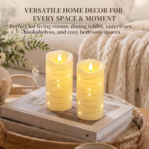 Homemory Flameless Candles with String Lights, 2 Pack Embedded Fairy String Lights LED Candles, Electric Flickering Candles with Remote Control and Timer, Real Wax, Ivory White - color: Ivory, 2Pack