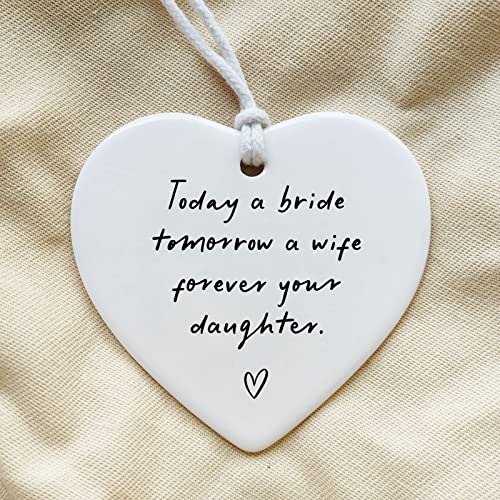 Ceramic Heart Gift for Mother of the Bride, Wedding Keepsake, Double-Sided Design with Hanging Strings, Gift for Mom on Wedding Day from Daughter - color: Today a Bride