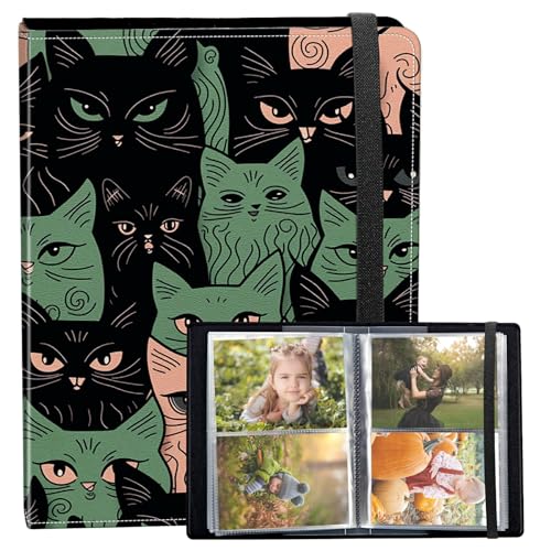 Photo Album 3.5x5 80 Photos Small Capacity PU Leather Cover, Black Green Cats Mini Photo Album 3.5x5 with Elastic band, Birthday Christmas Photo Albums Wedding Anniversary - color: Black Green Cats, size: 3.5*5 Holds 80 Photos