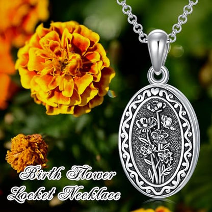 Birth Flower Photo Locket Necklace 925 Sterling Silver 12 Month Locket Necklace with Picture Birth Flower Photo Jewelry Gifts for Women Mother Mom Daughter - color: 10-October-marigold, style: 1.no custom
