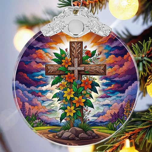 Cross Religious Christmas Ornaments Crystal Glass with Gift Box, Christian Ornament for Christmas Tree Xmas Decorations, Holiday Keepsake Present Exchange Ideas - color: Cross