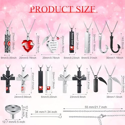 Huquary 16 Pcs Urn Necklace for Ashes Waterproof Stainless Steel Carved Ashes Locket with 8 Filling Kit Heart Cylinder Cross Cubic Fish Hook Jewelry for Ashes with Wing Diamond for Men Women - color: Red