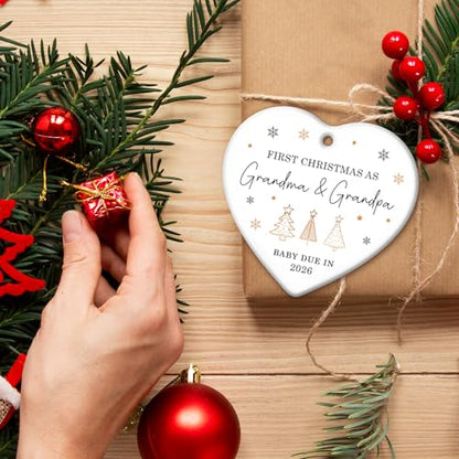 ZAGKOO First Christmas as Grandma and Grandpa Ornament 2025 - Baby Due in 2026 Ornament - New Grandparents Promoted to Grandparents Pregnancy Announcement Ceramic Heart Ornaments - color: Grandparents 2