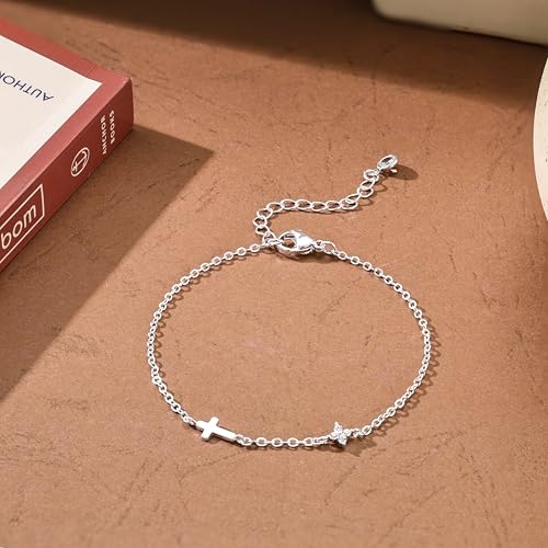 Moodear Cross Bracelet for Women, Dainty Sterling Silver/Gold Plated Gift | Christian Religious Gifts for Teen, Stocking Stuffers, Adjustable Link Bracelets, Sparkling CZ Cross, Non Tarnish Jewelry - color: Silver CZ Flower Cross Bracelet