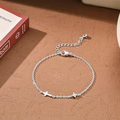 Moodear Cross Bracelet for Women, Dainty Sterling Silver/Gold Plated Gift | Christian Religious Gifts for Teen, Stocking Stuffers, Adjustable Link Bracelets, Sparkling CZ Cross, Non Tarnish Jewelry - color: Silver CZ Flower Cross Bracelet