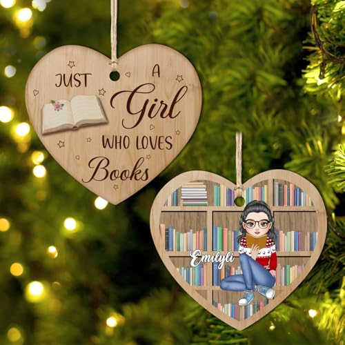 Just A Girl Who Loves Books Ornaments Custom Name Portrait Heart Library Bookshelf Club Christmas Tree Hanging Ornaments Personalized Book Lovers Worm Gift for Women Girl - color: Style A2