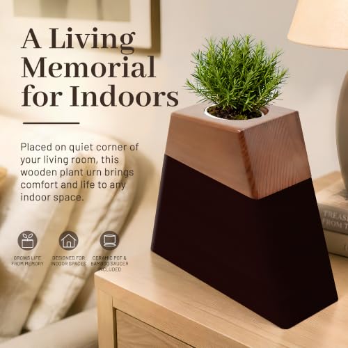 Plant Urn for Adult Memorial Keepsake, Solid Wood, Large Capacity, with Ceramic Pot, Bamboo Saucer, and Muslin Bag