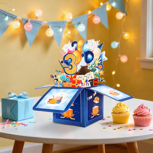 GREETING ART Happy 3rd Birthday Pop Up Card,Funny Guitar Ballons Box Themed - color: 3rd