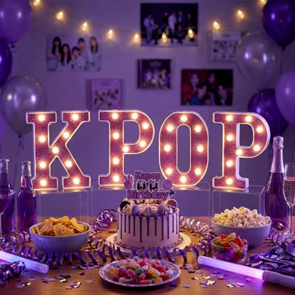 4 Pcs Kpop Birthday Decorations Purple 8.6 Inch Kpop LED Letter Lights Pop Prom Party Supplies Music Theme Anniversary for Character Fans Super Singer Birthday Decorations for Wall Shelf Table - style: Kpop