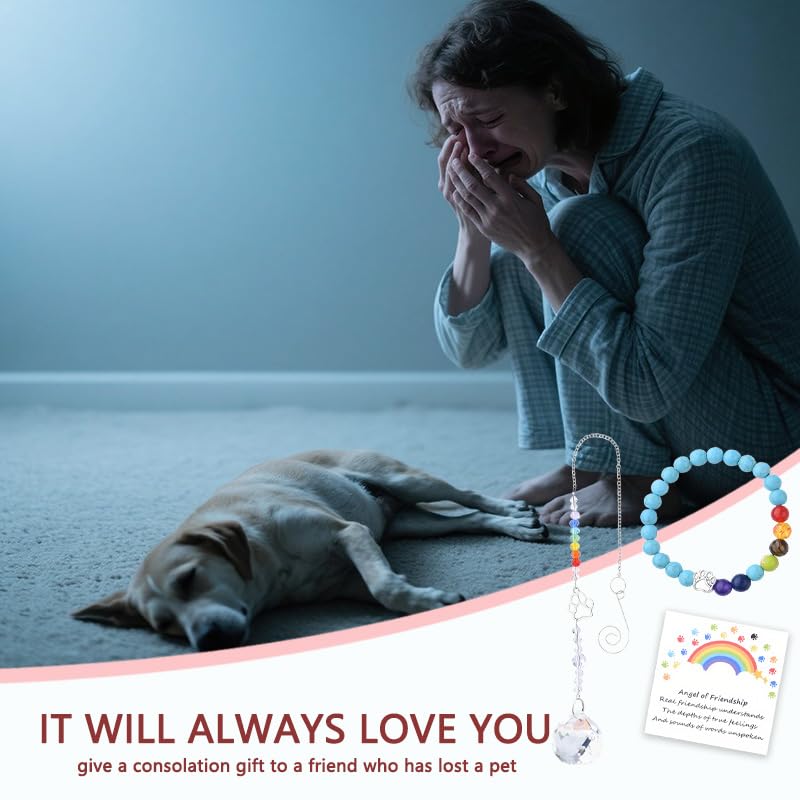 Sisadodo Rainbow Bridge Dog Memorial Gifts for Loss of Dogs Cats Rainbow Bridge Bracelet Keychains Paw Crystal Sun Catcher - color: crystal suncatcher bracelet and rainbow card