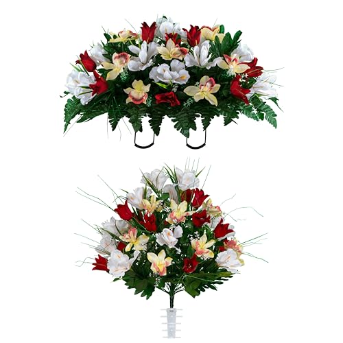 Artificial Cemetery Flowers - Grave Decoration - Red Tulips and White Iris (1) Headstone Saddle (1) Bouquet - color: Red/White, size: (1) Saddle (1) Bouquet