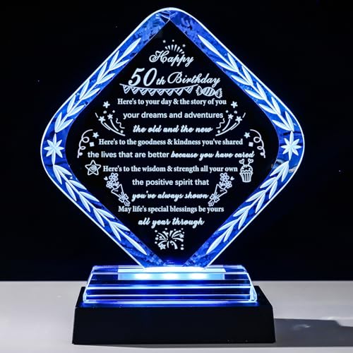 YWHL 50th Birthday Gifts with Colorful LED Base Unique Crystal Keepsakes Gifts Idea for 50 Years Old Women Men Mom Dad Happy 50th Birthday Decorations - style: 50th Birthday Gifts+Light Base