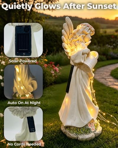 Solar Angel Statue, Warm Light Resin Garden Decor, 10 Inch | Hand-Painted, Weatherproof, Soft Warm Flowing Light, Gift for Women, Peaceful Accent