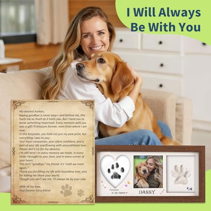 Pet Paw Print Frame Kit with Inkless Pad & Air-Dry Clay, Wooden Memorial Keepsake with Shatterproof Plexiglass for Dogs & Cats - color: brown