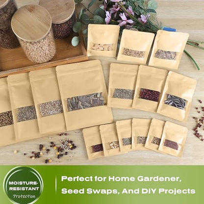 150 Seed Envelopes 2 Sizes, Resealable w/Window Self-sealing | 90S + 60L Kraft Envelopes. Clear window, Dustproof & Reusable, Tear-resistant, for Seeds, Jewelry, Herbs - size: Small + Medium (2.8 x 3.5" + 3.5 x 5.4")