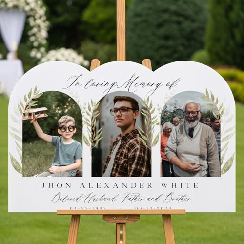 SPEEDYORDERS In Loving Memory Funeral Sign with Photo - Personalized Arched Funeral Welcome Sign With 3 Photos - Celebration Of Life Decorations (Acrylic)