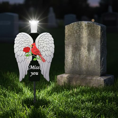 20-Inch Solar Angel Wings Memorial Stake with Red Cardinal - Metal Cemetery Decorations for Grave, Father's Day Sympathy Gift for Loss of Father Dad Mom(Angel Wings) - style: Angel Wings