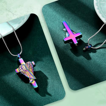 Cross Cremation Jewelry Urn Necklaces Cross Angel Wings Urn Necklaces for Ashes Memorial Keepsake Pendant for Women Men Gifts With Funnel Kit & Bag - color: Rainbow