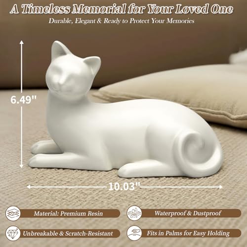 Lying Cat Urns for Ashes White Ceramic Pet Memorial Cremation, White | Includes Memorial Card, Waterproof Bag, Drawstring Pouch and Padding, Keepsake Urn for Loss of Beloved Cat, Remembrance Gift