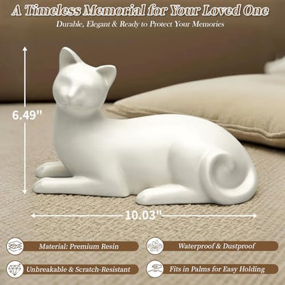 Lying Cat Urns for Ashes White Ceramic Pet Memorial Cremation, White | Includes Memorial Card, Waterproof Bag, Drawstring Pouch and Padding, Keepsake Urn for Loss of Beloved Cat, Remembrance Gift