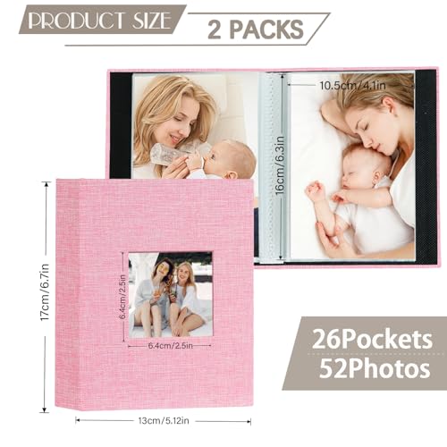 Artmag Mini Photo Album 4x6 50 Pockets 2 Pack, Linen Cover with Front Window Album Each Holds 52 Vertical Photos for Family Wedding Baby Children (Pink) - color: Pink, size: 50 Pockets/2PKS