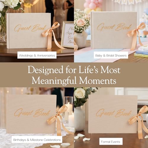 Wedding Guest Book with Keepsake Pocket & Satin Bow Closure Linen Hardcover - color: Champagne