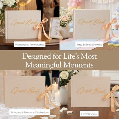 Wedding Guest Book with Keepsake Pocket & Satin Bow Closure Linen Hardcover - color: Champagne