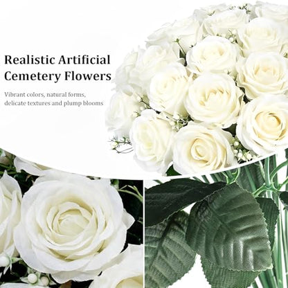 Lewondr Artificial Cemetery Flowers with Vase for Grave, White Rose, 2 Pack - color: White