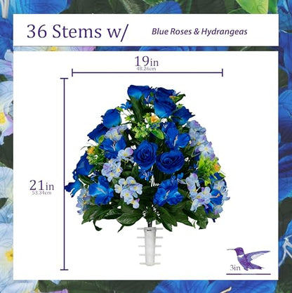 Sympathy Silks Artificial Cemetery Flowers - Gravesite Flowers - Blue Roses and Hydrangeas - size: Bouquet