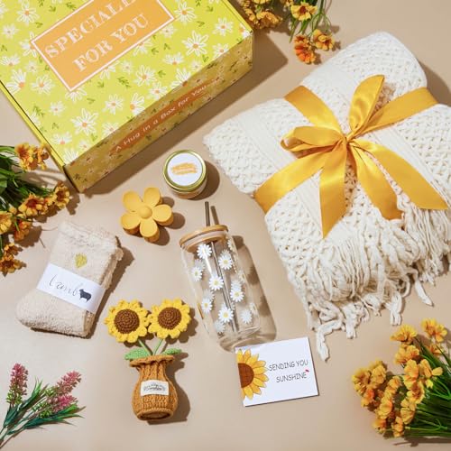 Birthday Gifts for Women, Christmas Self Care Get Well Gifts Baskets for Women, Sending Sunshine Sunflower Care Package, Thinking of You Thank You Inspirational Gift for Friend, Mom, Sister, Wife - color: Sunflower Yellow