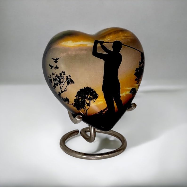 Classic Heart Shape Keepsake Aluminum Urn for Human Ashes – with Box and Stand - Peaceful Golfer Design 7 cms high Handmade Product for Tribute Your Love Once Dimension 7x7x3.5 cms