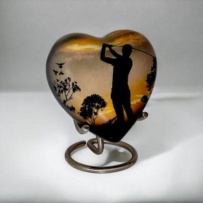 Classic Heart Shape Keepsake Aluminum Urn for Human Ashes – with Box and Stand - Peaceful Golfer Design 7 cms high Handmade Product for Tribute Your Love Once Dimension 7x7x3.5 cms